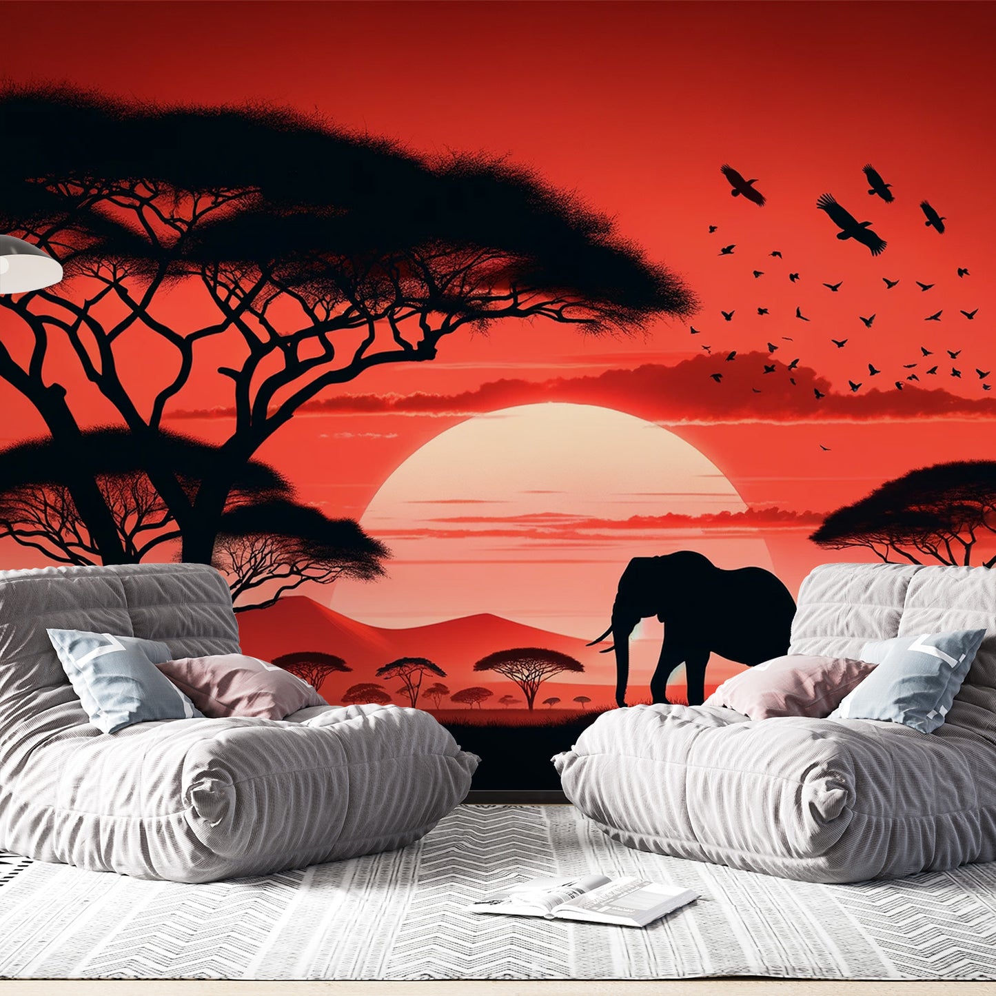 Papier peint savane africaine | Coucher de soleil avec éléphant