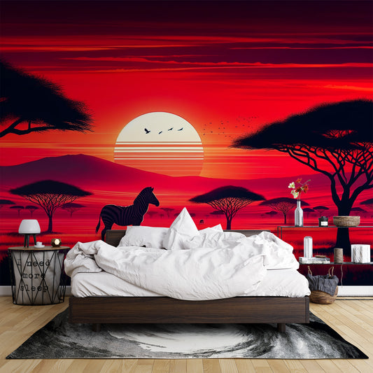 Papier peint savane africaine | Coucher de soleil rouge avec zèbre