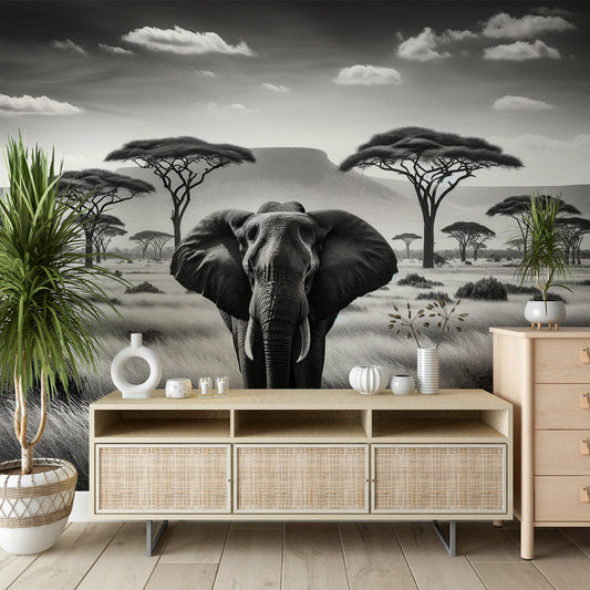 Papier peint savane africaine | Éléphant noir et blanc dans la savane
