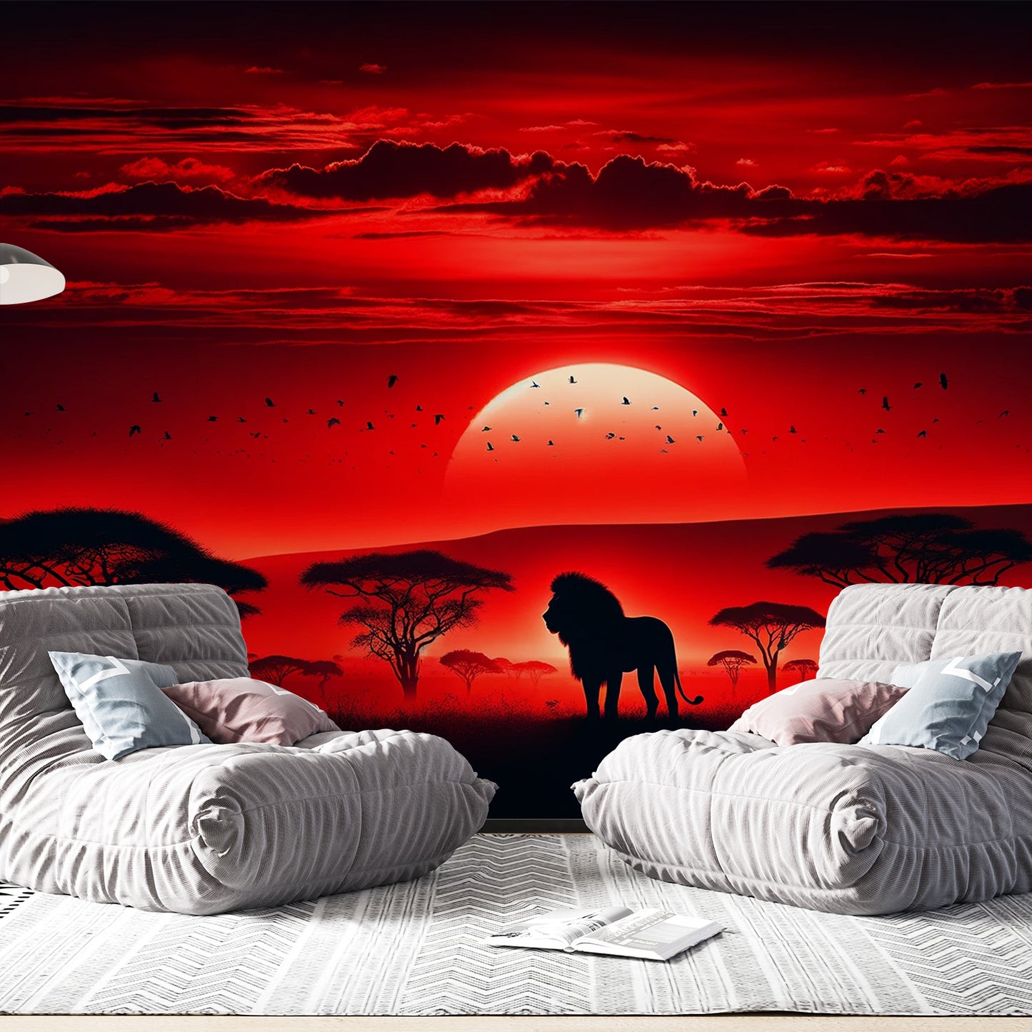 Papier peint savane africaine | Lion avec coucher de soleil rouge