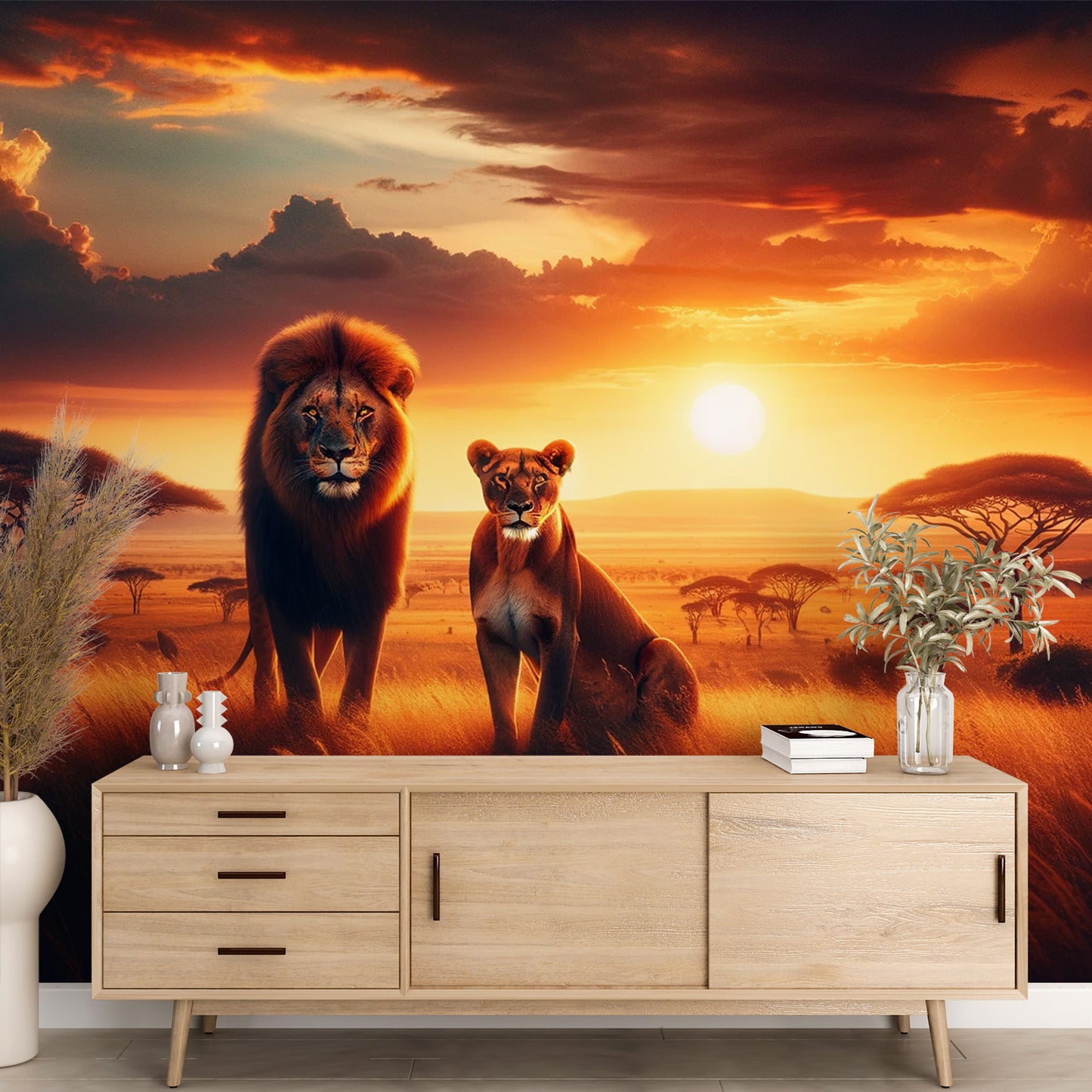 Papier peint savane africaine | Lion et lionne avec coucher de soleil