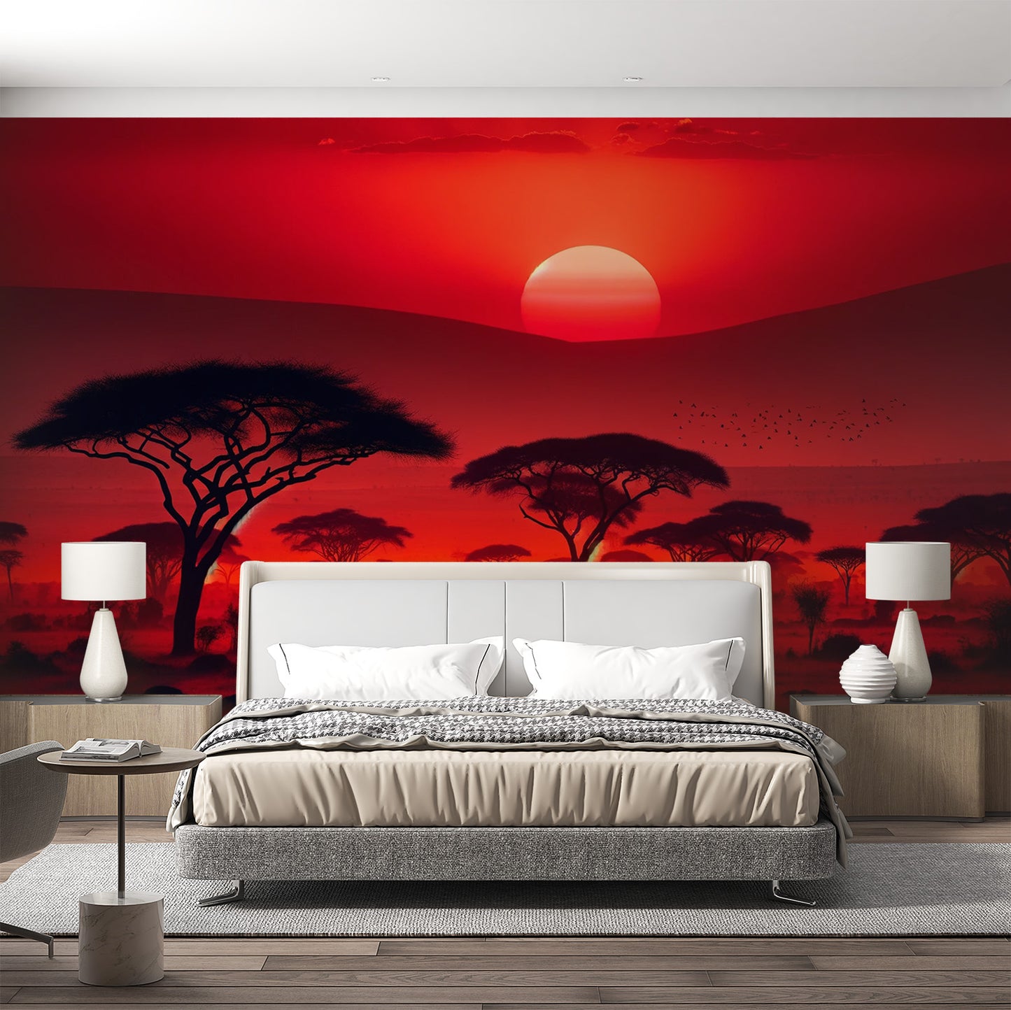 Papier peint savane africaine | Soleil rouge et éléphant dans la savane