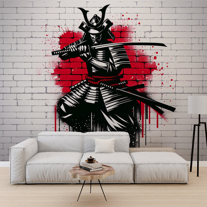 Papier peint street art | Mur de briques samouraï rouge et noir