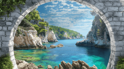 Papier peint représentant une vue marine idyllique avec des falaises et des eaux turquoise, évoquant une atmosphère paisible et relaxante.