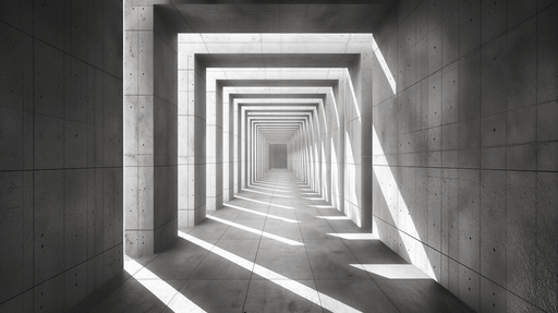 Papier peint minimaliste en nuances de gris, évoquant une ambiance moderne et épurée avec des motifs géométriques et des jeux de lumière.