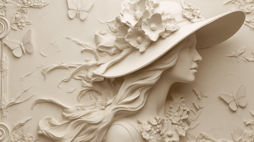 Papier peint texturé représentant un visage féminin délicat, entouré de fleurs et de papillons, créant une ambiance romantique et artistique.