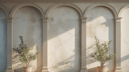 Un espace élégant avec un papier peint texturé aux nuances douces, évoquant une atmosphère chaleureuse et accueillante, agrémenté de colonnes classiques.