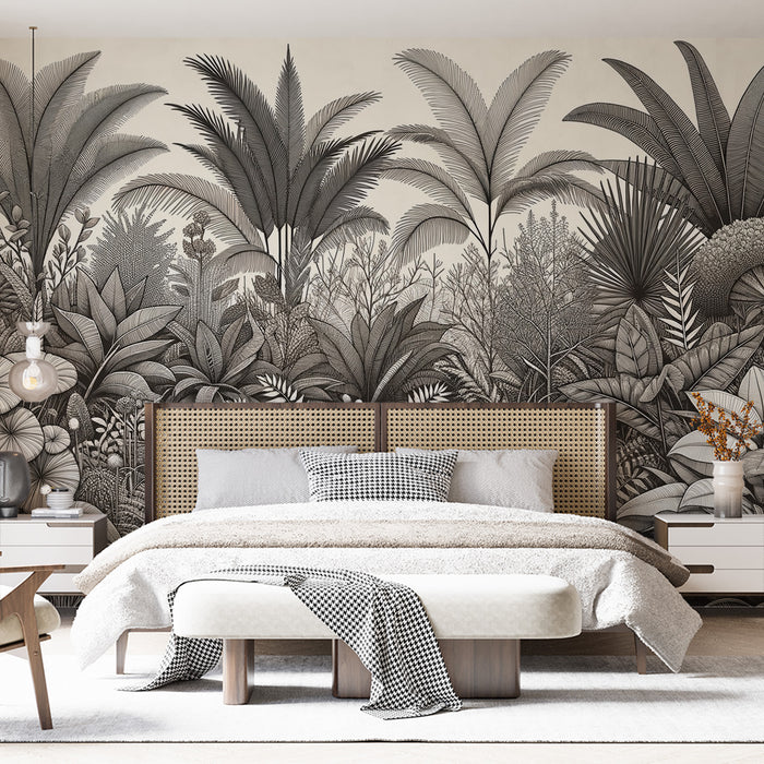 Papier peint tropical | Diversité botanique en nuances de gris avec détails fins