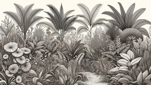 Papier peint tropical en noir et blanc illustrant une jungle luxuriante avec des feuillages variés, dégageant une atmosphère à la fois artistique et apaisante.