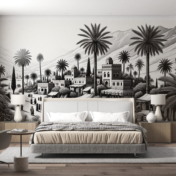 Papier peint tropical noir et blanc | Désert tropical avec relief montagneux