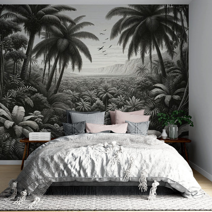 Papier peint tropical noir et blanc | Forêt de palmiers tropicaux au relief montagneux