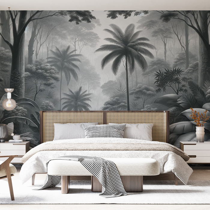 Papier peint tropical noir et blanc | Forêt tropical avec palmiers et bananiers