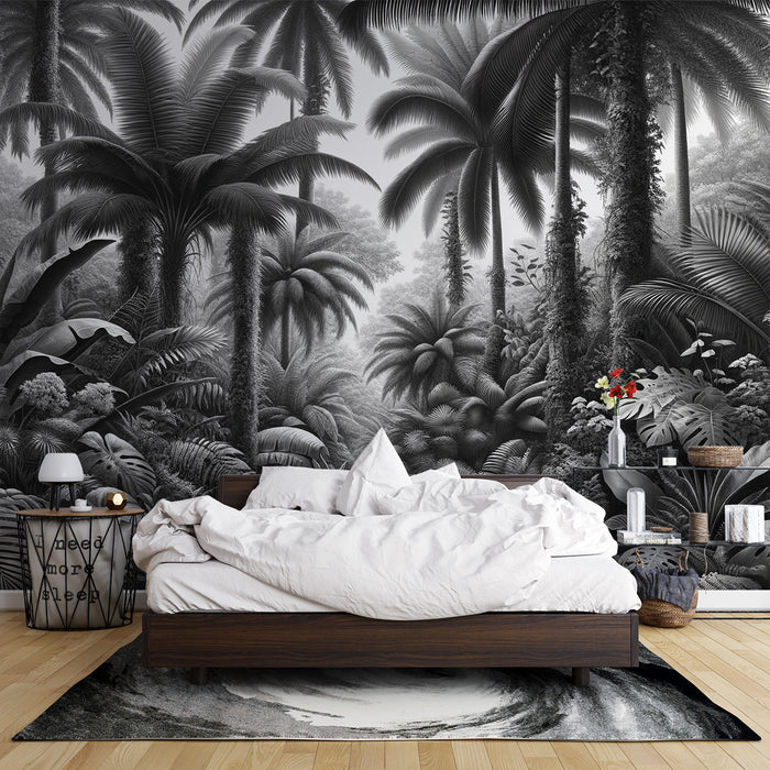 Papier peint tropical noir et blanc | Forêt tropical grands arbres et palmiers massifs