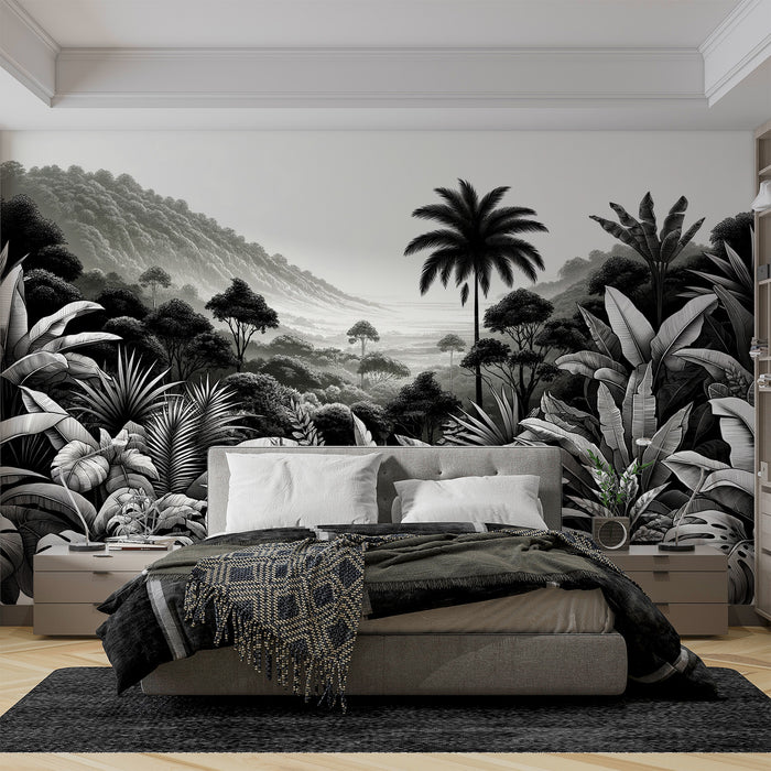 Papier peint tropical noir et blanc | Monstera, palmiers, forêt et relief montagneux