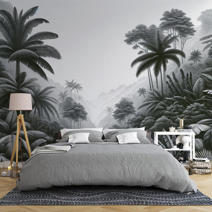 Papier peint tropical noir et blanc | Palmiers et feuillages massifs en vallée