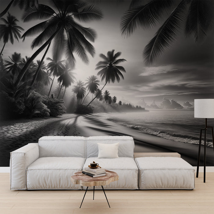 Papier peint tropical noir et blanc | Plage tropicale avec plage de sable fin