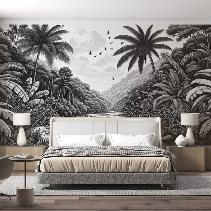 Papier peint tropical noir et blanc | Vallée massive de feuillages et arbres tropicaux