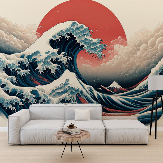 Papier peint vague japonaise | Soleil rouge arrière avec nuages blancs