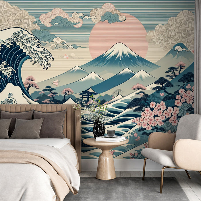 Papier peint vague japonaise | Mont Fuji et cerisier japonais rose