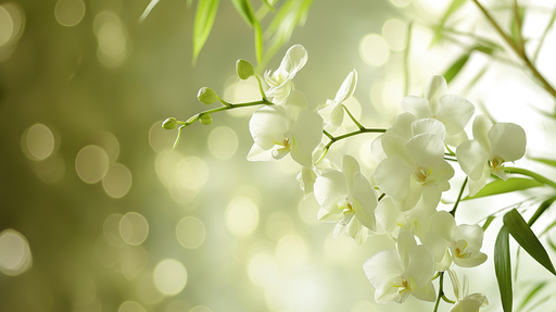 Papier peint floral aux motifs d'orchidées blanches sur fond flou et lumineux, créant une ambiance sereine et élégante.
