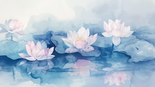 Papier peint aquarelle représentant des fleurs de lotus délicates aux teintes pastel sur un fond bleu apaisant, créant une atmosphère sereine et raffinée.