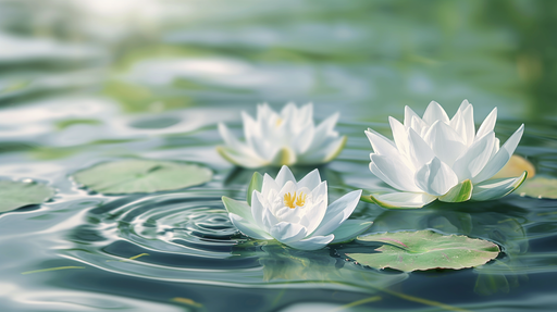 Papier peint floral représentant des nénuphars blancs délicats sur un fond aquatique apaisant, évoquant une ambiance sereine et naturelle.