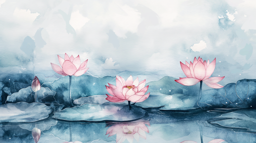 Papier peint aquarelle représentant des fleurs de lotus roses sur un fond bleu apaisant, créant une atmosphère douce et sereine.