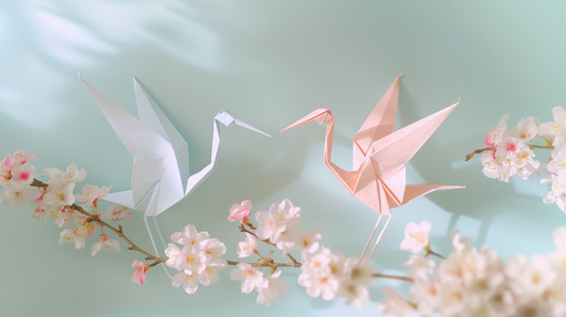 Papier peint pastel vert clair avec des origamis de grues en papier bleu et rose, évoquant une ambiance douce et poétique.