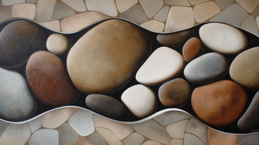 Papier peint représentant des galets aux teintes naturelles, créant une ambiance apaisante et organique avec des textures variées et des nuances de beige, brun et gris.