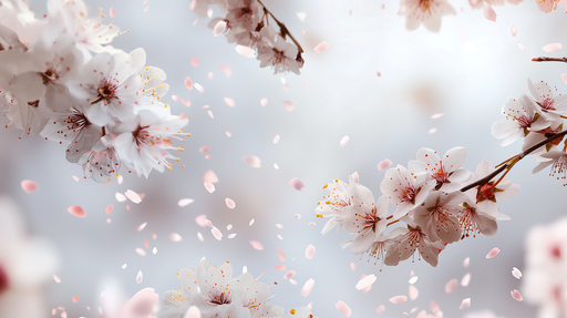 Papier peint floral délicat aux teintes blanches et roses, évoquant une ambiance douce et printanière avec des pétales flottants.
