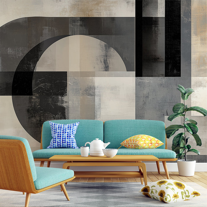 Papier peint abstrait moderne avec motifs géométriques noirs et gris pour salon contemporain.