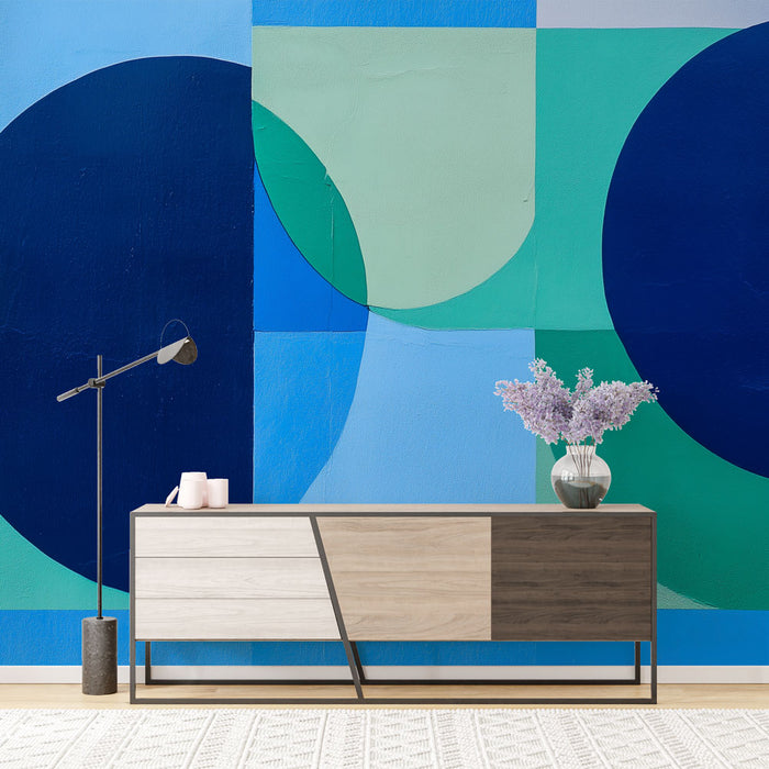 Papier peint abstrait bleu et vert avec formes géométriques pour salon moderne