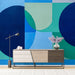 Papier peint abstrait bleu et vert avec formes géométriques pour salon moderne