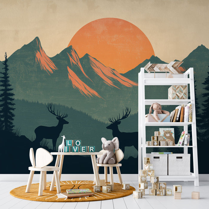 Papier peint paysage vintage avec montagnes et cerfs pour chambre d'enfant.