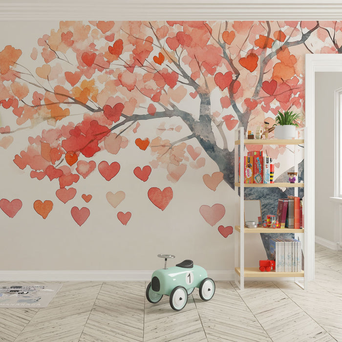 Papier peint aquarelle arbre avec feuilles en forme de cœur pour chambre d'enfant romantique.