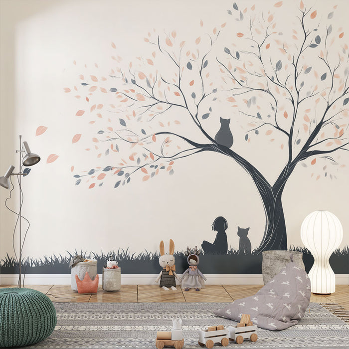 Papier peint mural automne minimaliste avec arbre et silhouettes d'animaux pour chambre d'enfant.