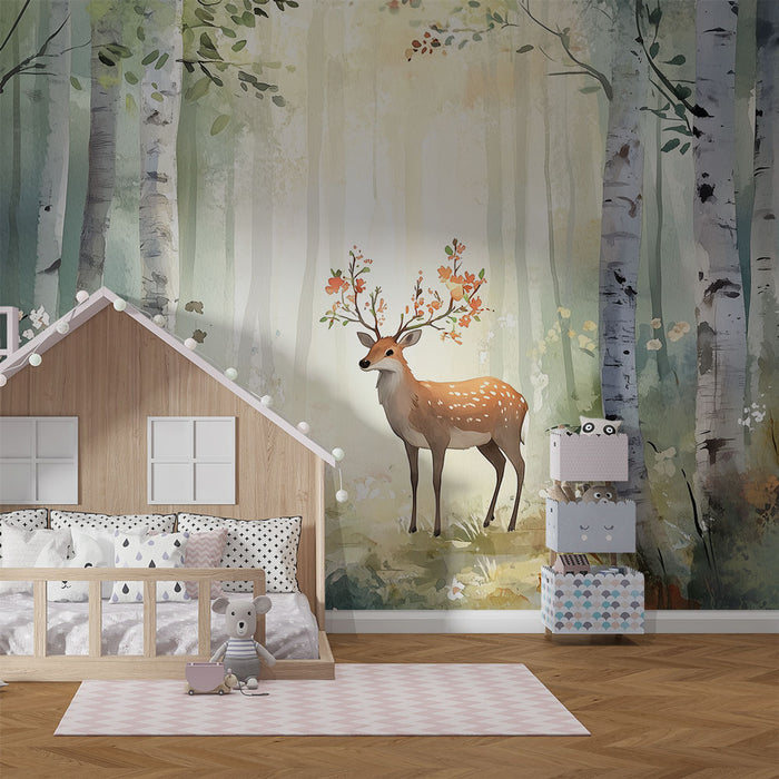 Papier peint chambre enfant | Faon et cerf dans une forêt enchantée