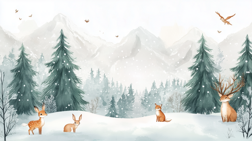 Papier peint chambre enfant Animaux et paysage forêt enchantée d'hiver