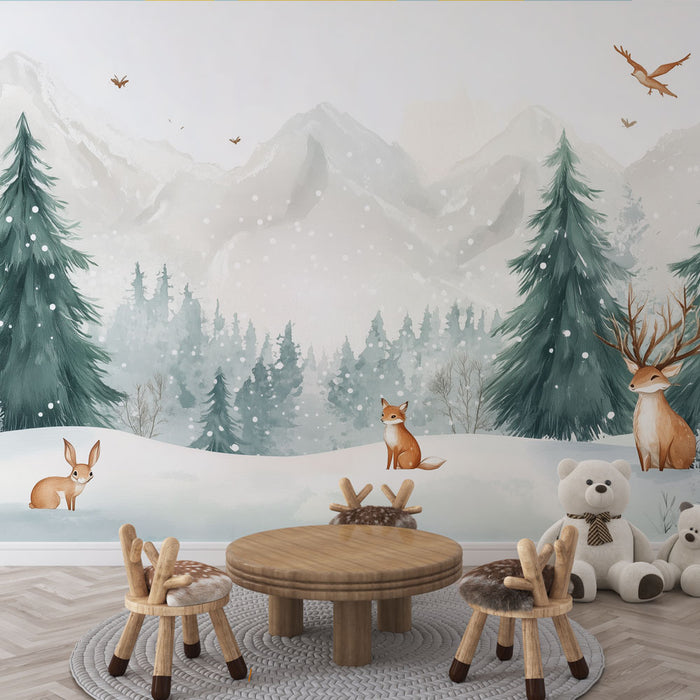 Papier peint chambre enfant | Animaux et paysage forêt enchantée d'hiver