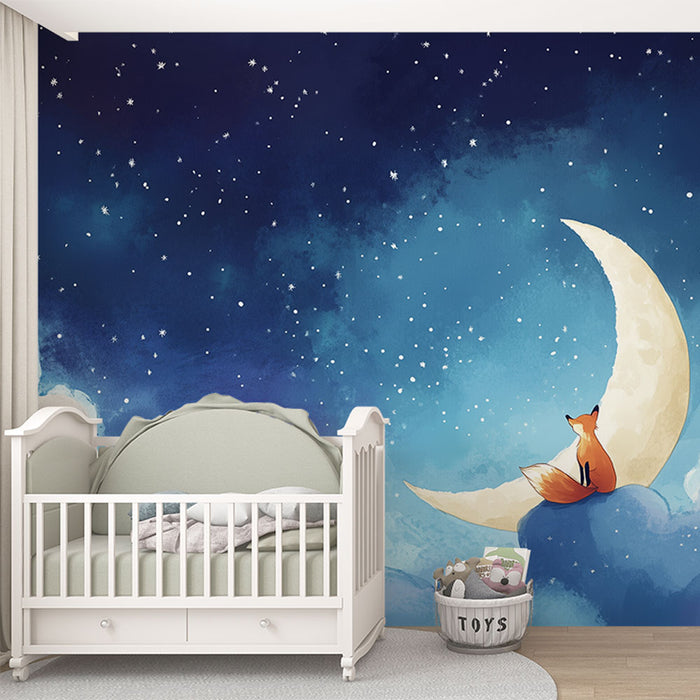 Papier peint chambre enfant | Illustration féerique avec renard et croissant de lune