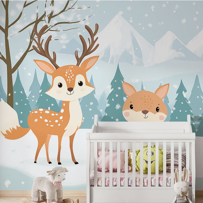 Papier peint chambre bébé | Motifs forestiers hivernaux avec animaux de la forêt