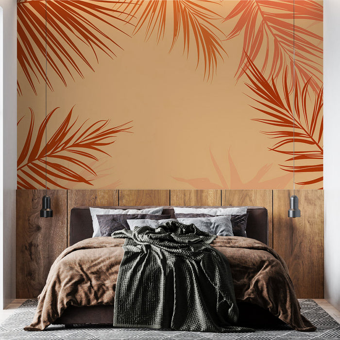 Papier peint feuillage | Motif feuilles de palmiers orangées