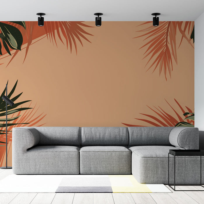 Papier peint feuillage | Feuilles verdoyantes avec fond orange et terracotta