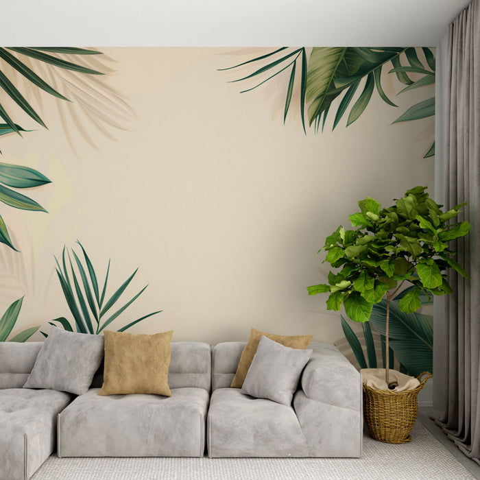 Papier peint feuillage | Feuilles exotiques vertes sur fond beige