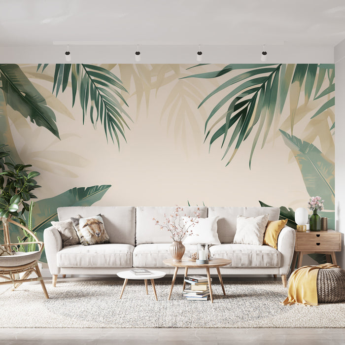 Papier peint tropical | Feuilles exotiques vertes sur fond beige