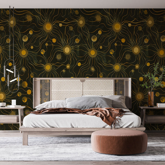Papier peint motif céleste | Objets dorés sur fond noir