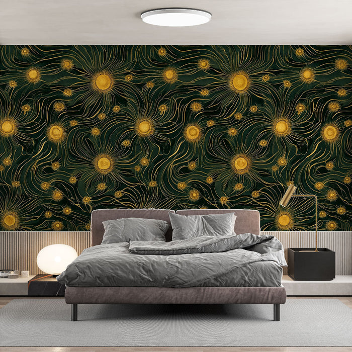 Papier peint soleil doré | Motif artistique sur fond sombre