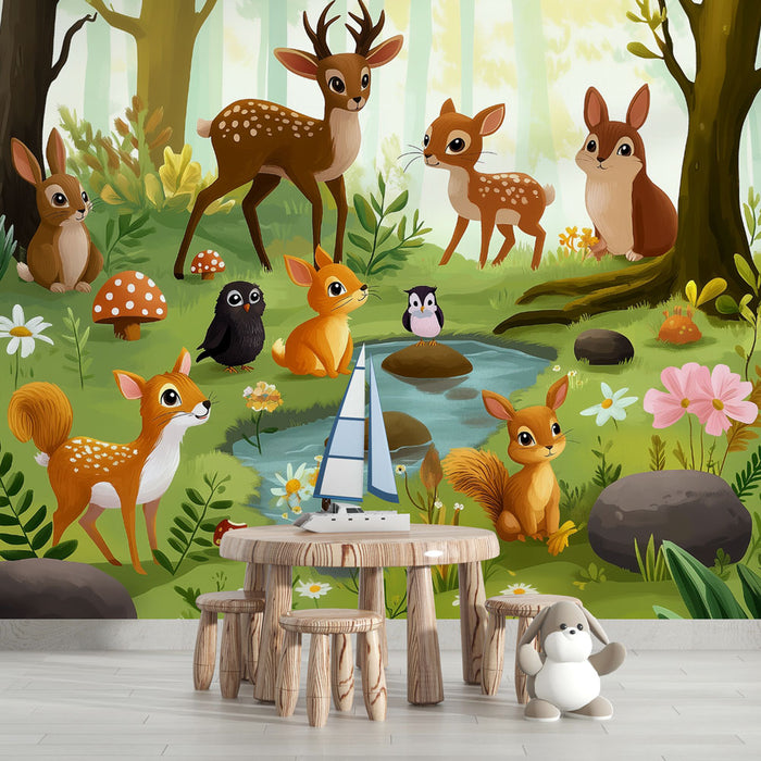 Papier peint forêt enchantée | Animaux mignons et nature verdoyante