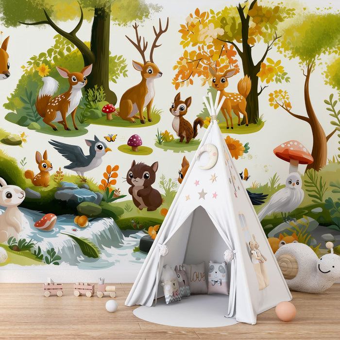 Papier peint forêt animée | Design enchanteur avec animaux de la forêt