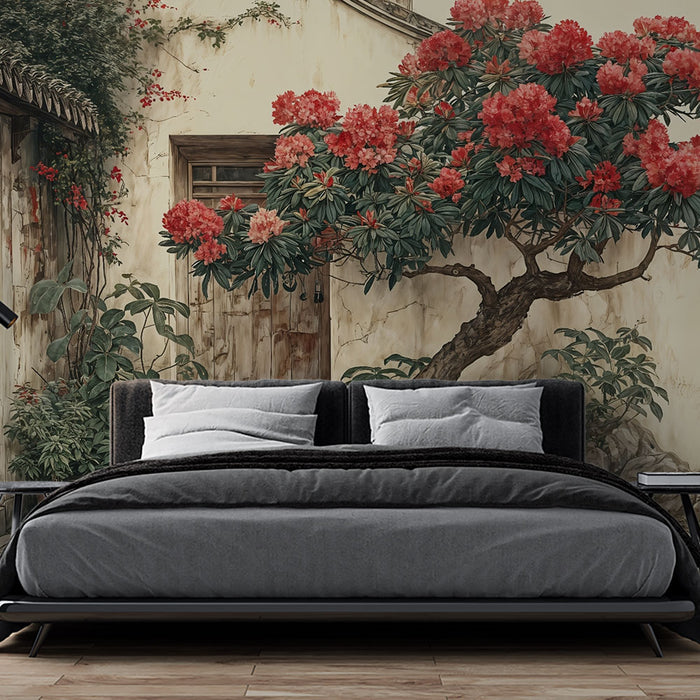 Papier peint floral | Ravissant arbuste fleuri sur mur rustique
